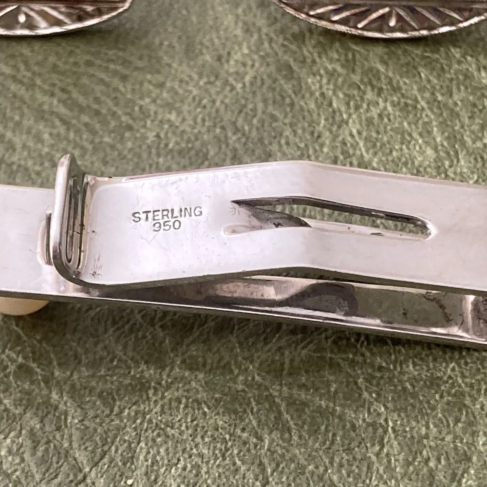 Vintage Sterling Mother of Pearl & Pearl Cufflinks + Tie Bar Set